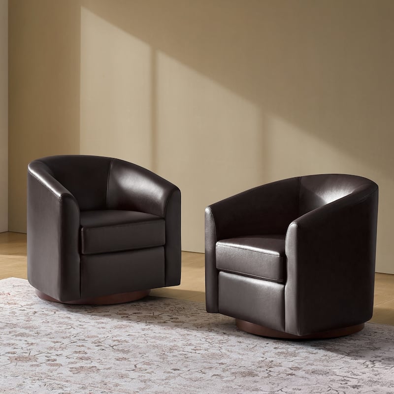 Haley Modern Swivel Barrel Faux Leather Chair with Solid Wood Base Set of 2 by HULALA HOME - Brown