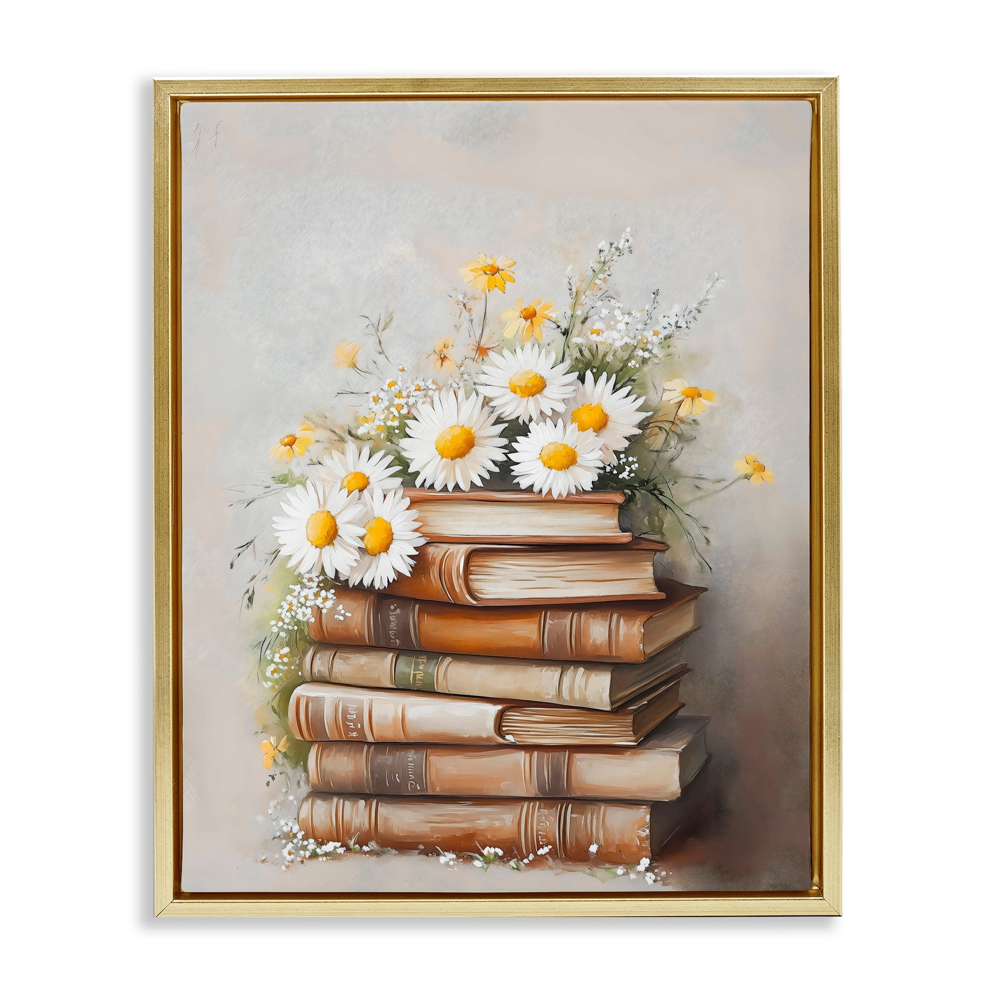 Stupell Book Stack with Daisies Framed Floater Canvas Wall Art Design By Arlington Prints