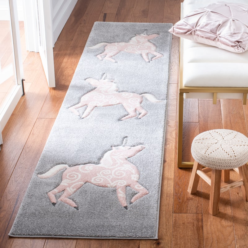 SAFAVIEH, Carousel Kids Mareke Unicorn Rug - 2' x 8' Runner - Grey/Pink