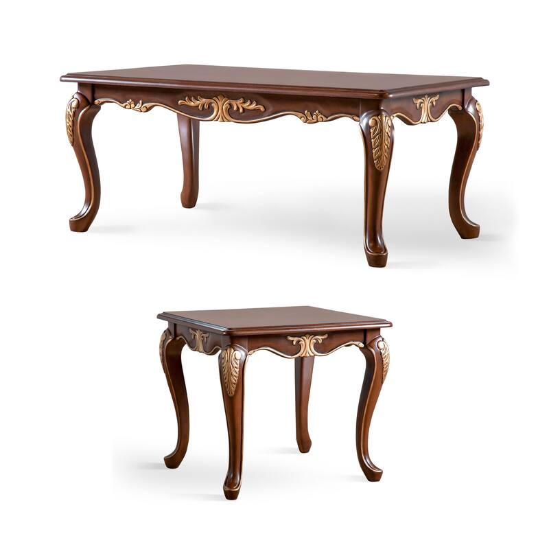 Furniture of America Mirabella Traditional Cherry Solid Wood 2-Piece Coffee Table and End Table Set with Carved Legs
