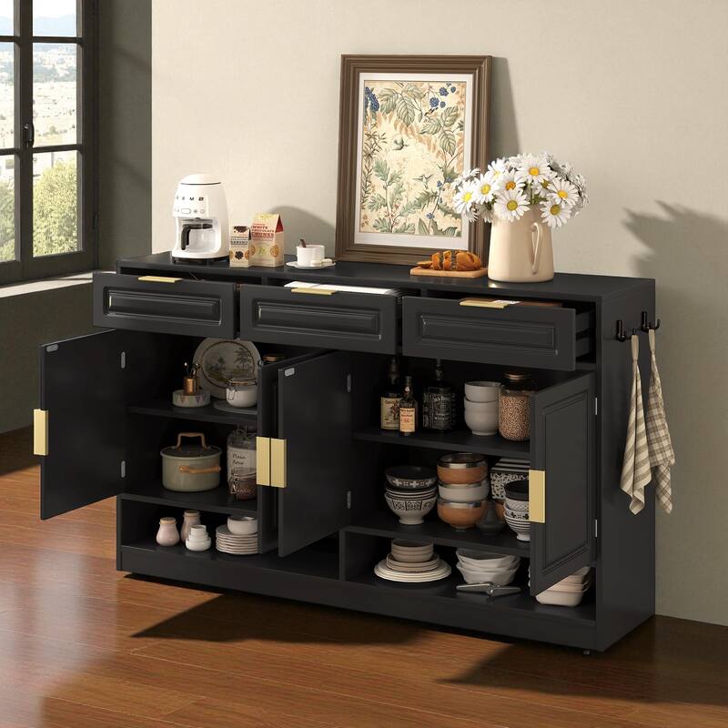 59.1" Farmhouse Sideboard Buffet with 3 Drawers, 4 Doors, Adjustable Shelf & Open Storage Compartments