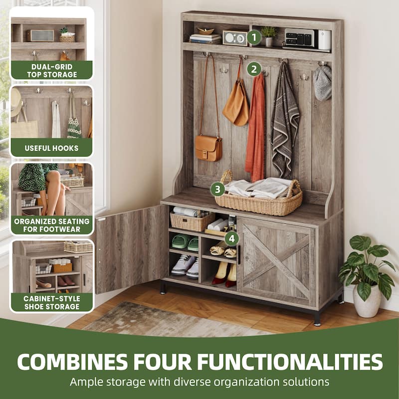 Moasis Farmhouse 39"W Hall Tree with Shoe Storage Seating Bench