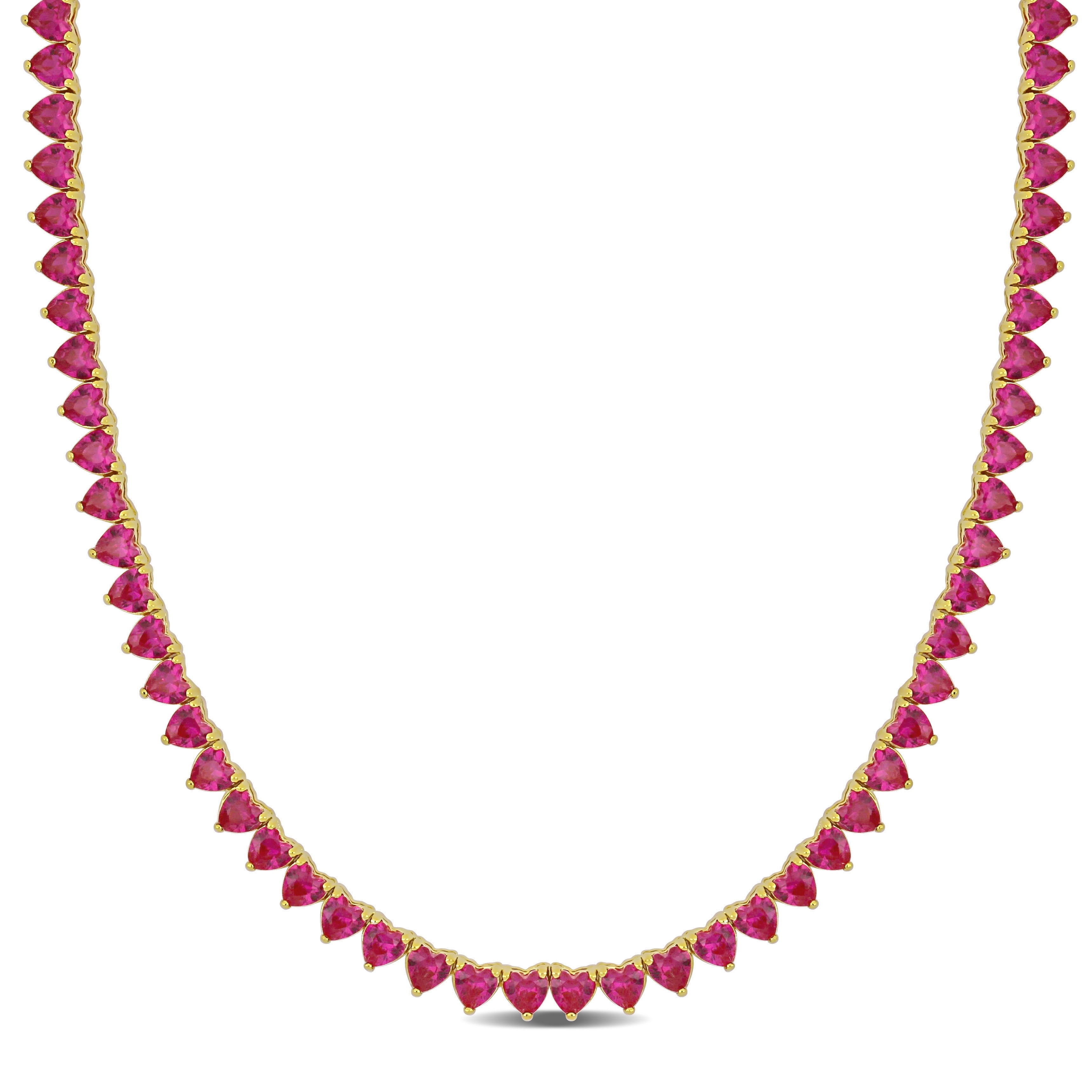 Miadora 31 1/5ct TGW Created Heart-Cut Ruby Necklace Yellow Sterling Silver