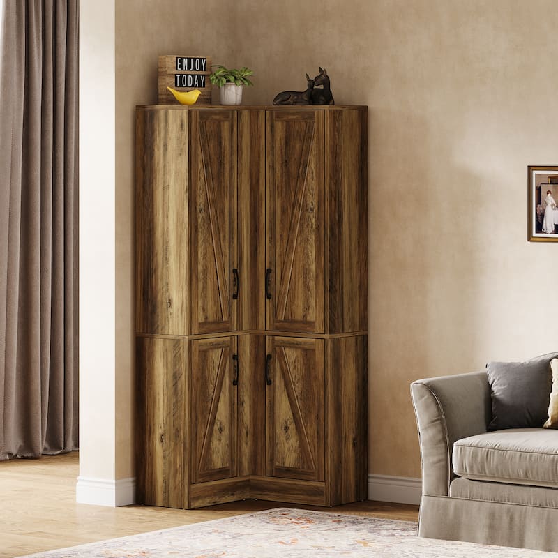 70.8-in Corner Cabinet, Farmhouse Accent Cabinet with Barn Doors