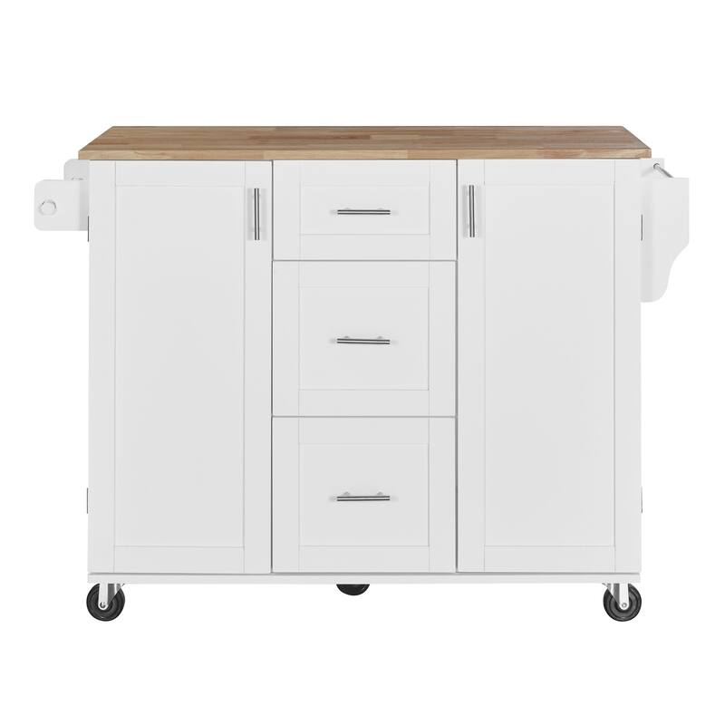 50'' Rubber Wood Kitchen Island with 3 Drawer, Rolling Wheels, 2 Slide-Out Shelf and Internal Storage Rack