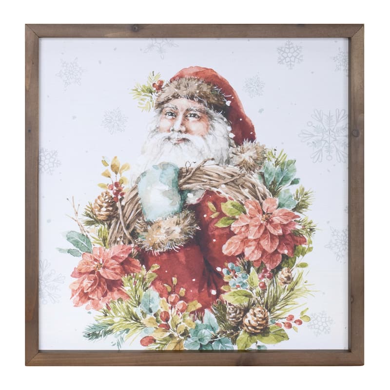 16" Square Rustic Framed Santa Print with Seasonal Florals and Snowflake Background for Christmas Decor - 16”L x 1”W x 16”H