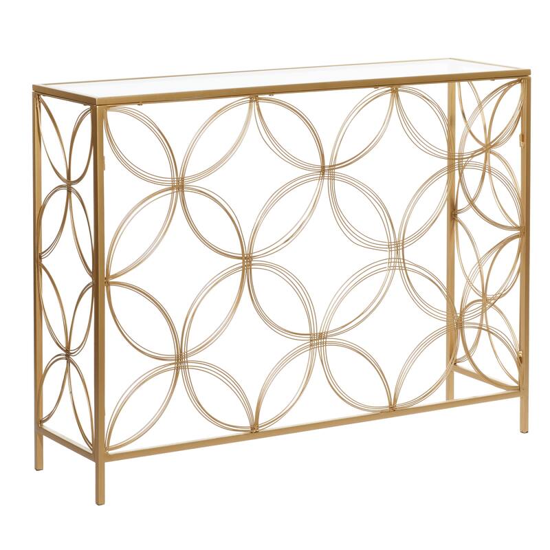 Gold Metal Open Style Quatrefoil Frame Geometric Console Table with Glass Top