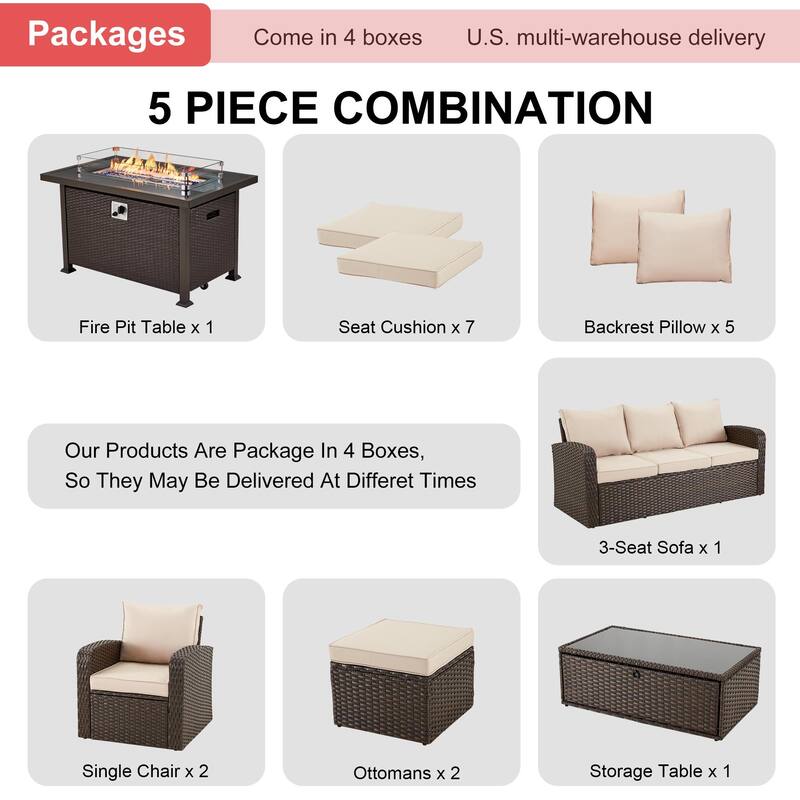 6-Piece Rattan Patio Set with Fire Pit Table, Outdoor Conversation Set with Cushions, Weather-Resistant Sofa Sectional