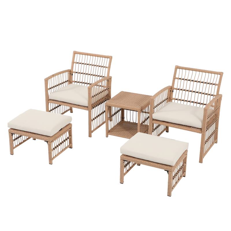 5-Piece Outdoor PE Wicker Conversation Set with Ottomans, Iron Frame, Beige Polyester Cushions