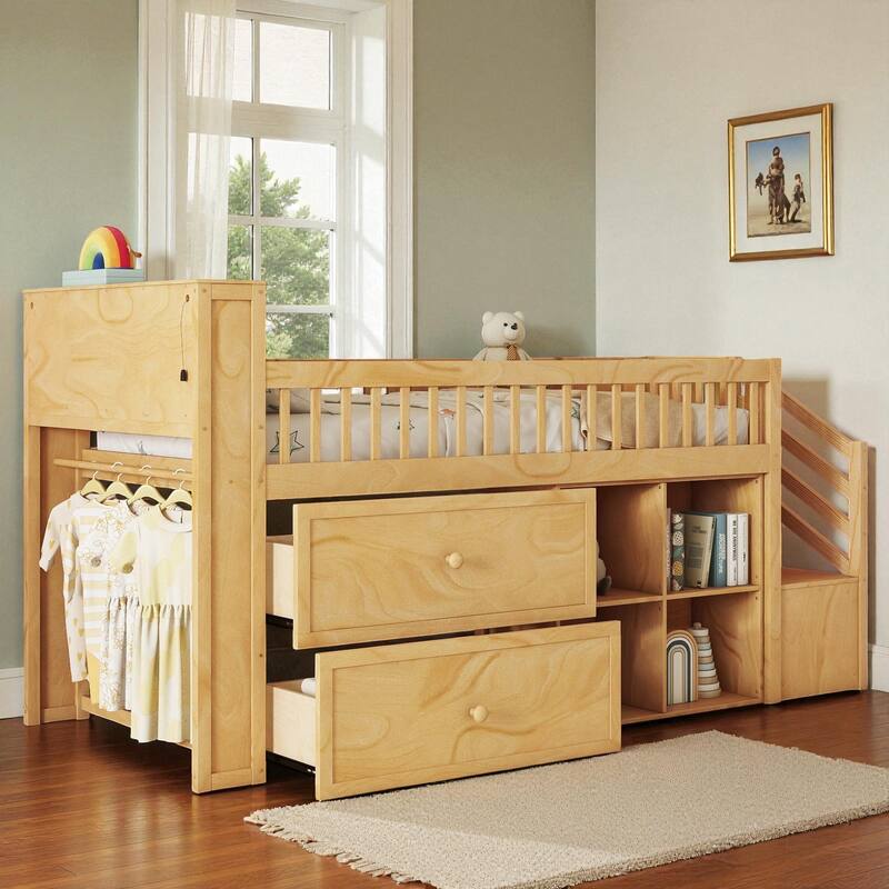 Twin Size Wood Loft Bed with LED Light, Bookshelf, Drawers, and Stair Storage for Kids Bedroom - Natural - Twin