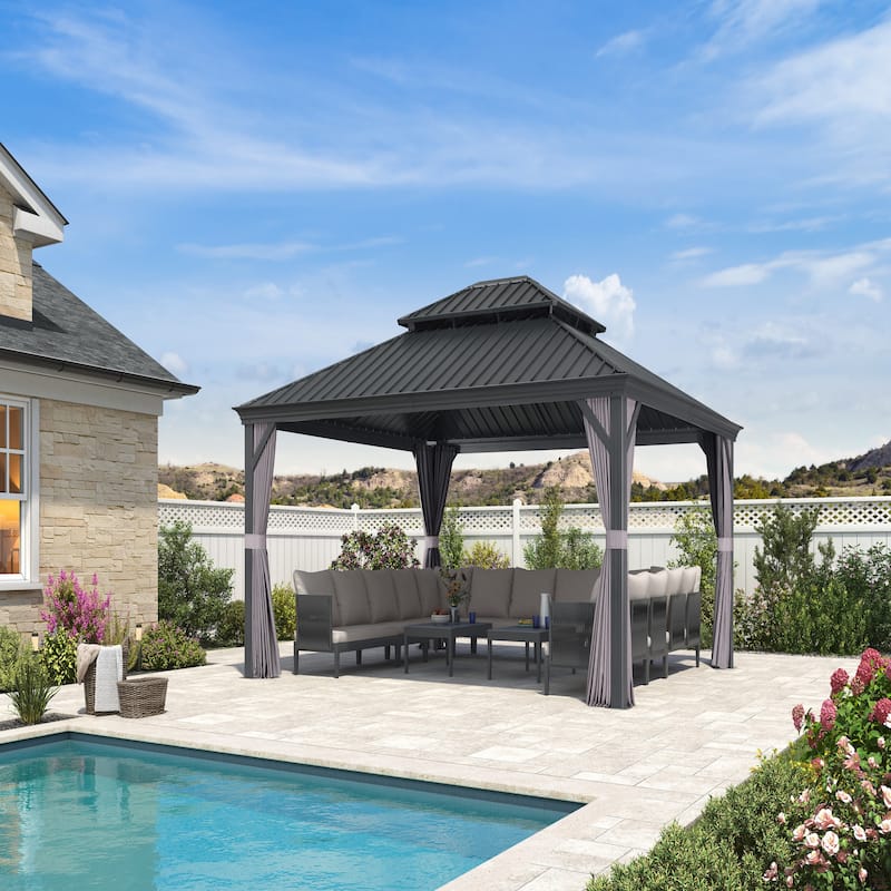 PURPLE LEAF Outdoor Galvanized Steel Hardtop Gazebo, Aluminum Frame Gazebo With Curtains - 14' x 28' NEW! - Grey
