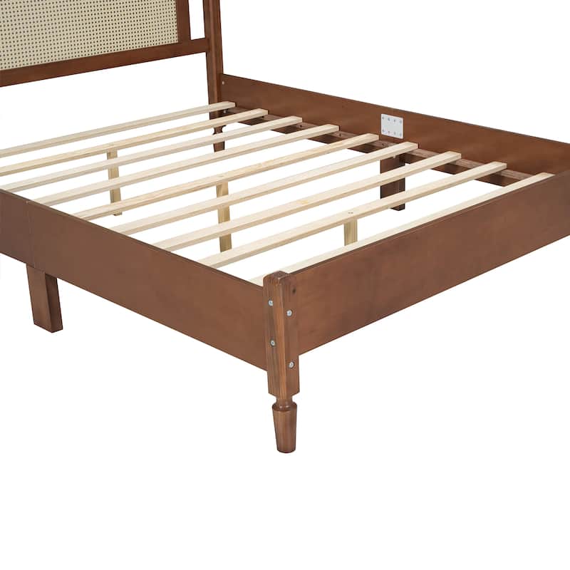 Wooden Frame Platform Bed Classic Bed Frame with Rattan Headboard, Bed Foot and Head Arc Design for Coastal Bohemian Bedroom