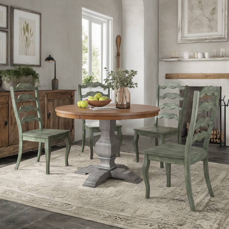 Ronda 45" Round Solid Wood Top Dining Set with French Ladder Back Chairs - Antique Grey Table - Antique Sage Green Chairs