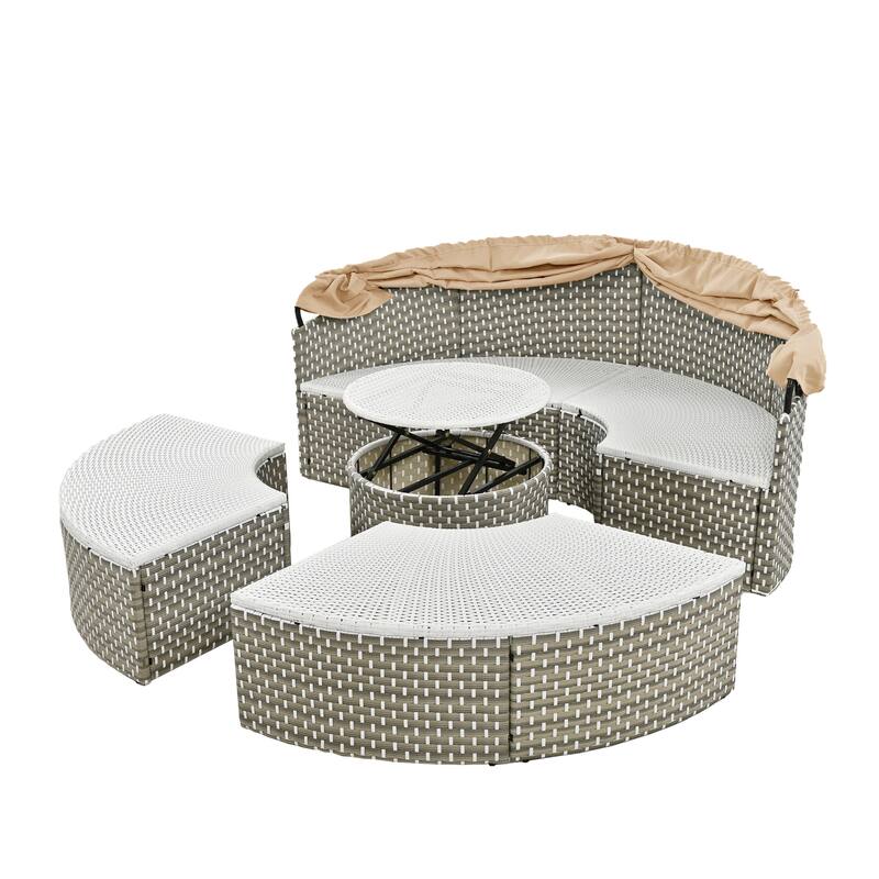 5-Piece Sectional Sofa Set, Round Rattan Outdoor Daybed with Retractable Canopy and Adjustable Table,with Cushions & Pillows