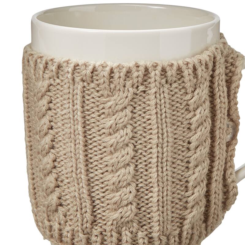 16 oz. White Bone China Mug with Cotton Knitted Warm Wishes Taupe Sweater Accent