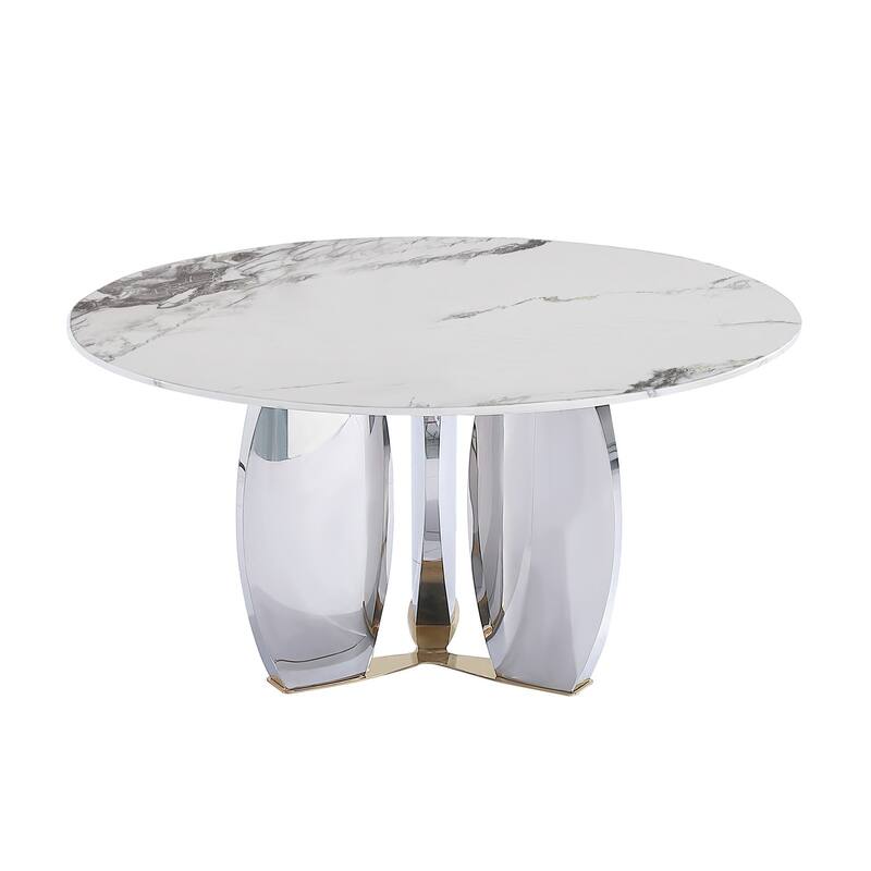 Modern Round Rock Slabs Stainless Steel Mirror Pedestal Dining Table