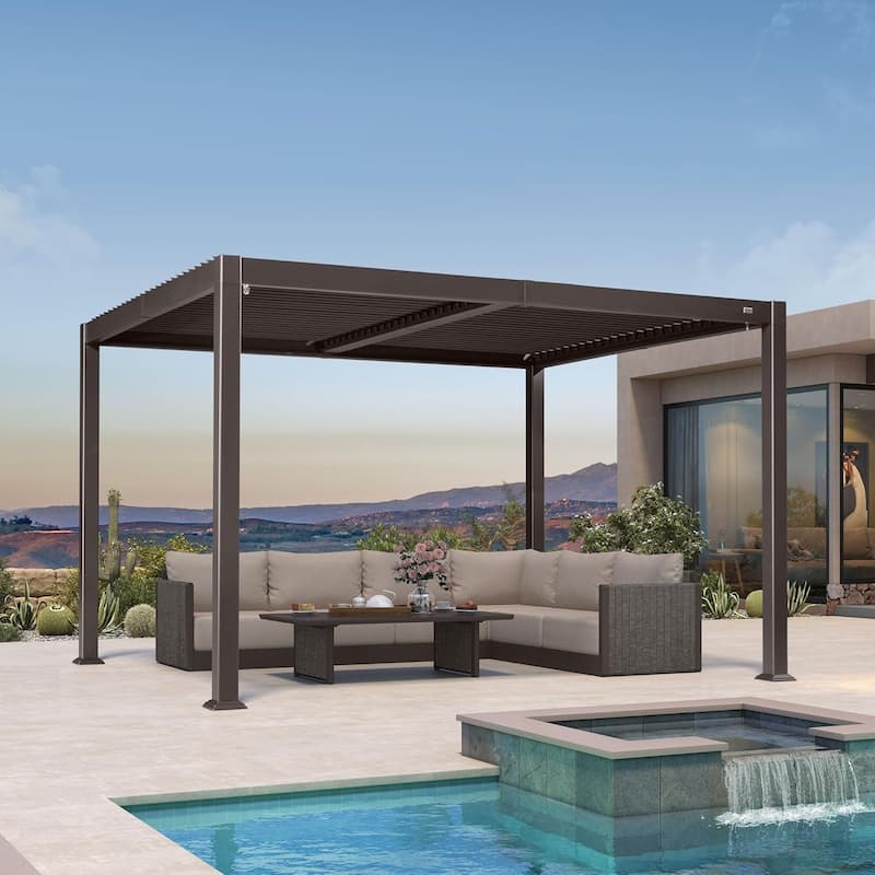 PURPLE LEAF Outdoor Louvered Pergola with Adjustable Metal Roof for Patio Pergola - 10' x 12' - Bronze