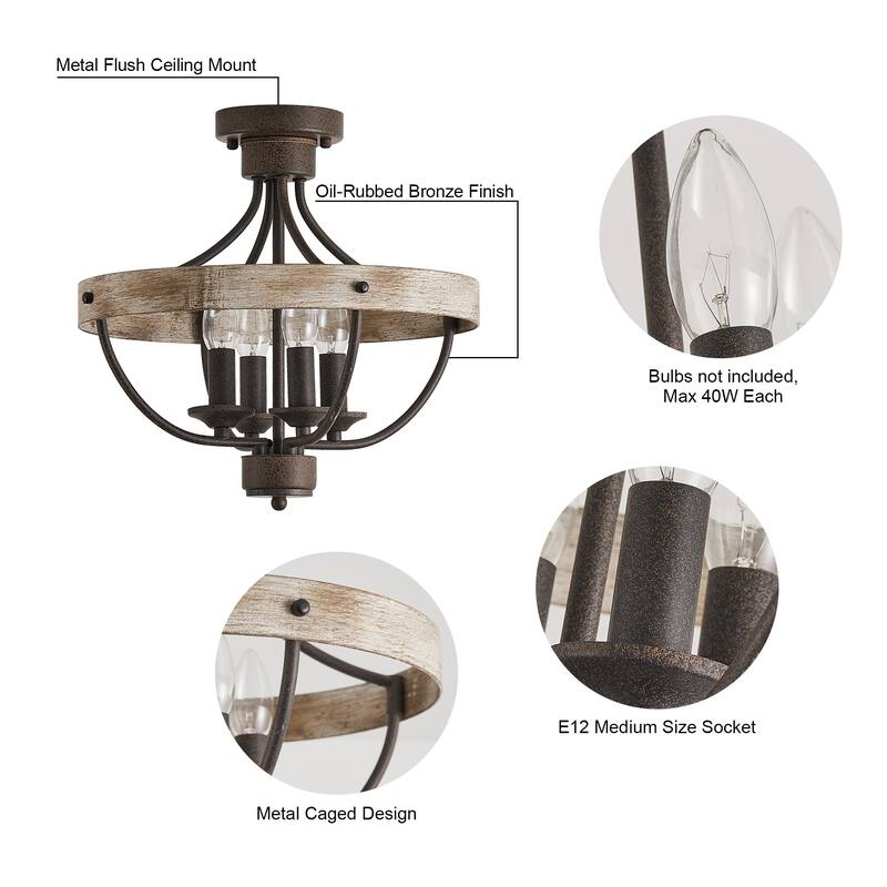 4-Light Rusted Brown Wood Semi-Flush Mount Ceiling Light
