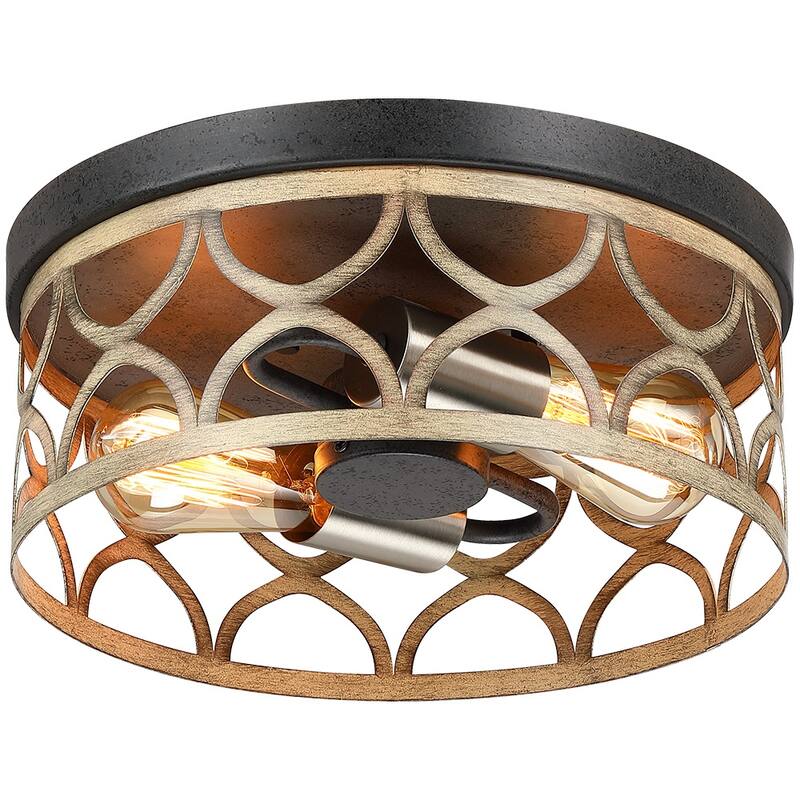 12 in. 2-Light Bronze and Wood Tone Flush Mount Ceiling Light - 12"W