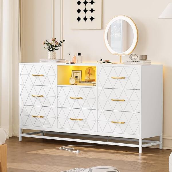 8 Deep White Drawer Dresser for Bedroom with Charging Station and LED  Lights, Wooden Large Long Dresser 59" TV Dresser - Bed Bath & Beyond -  42409523