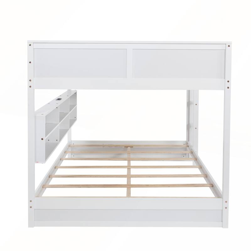 Queen Over Queen Bunk Bed with Built-in Storage Cabinets and Charging Station