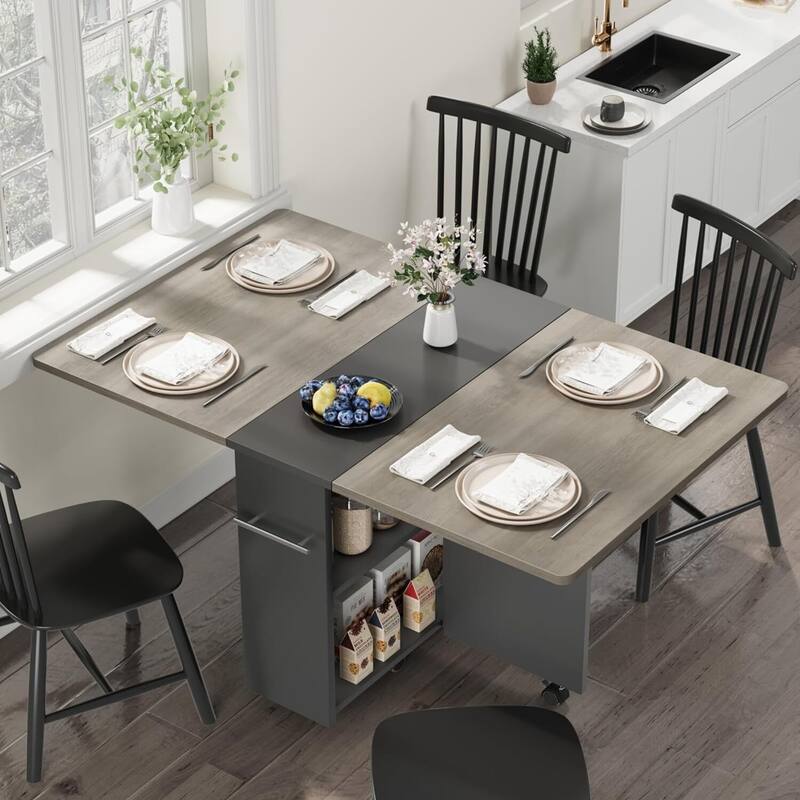 Folding Dining Table, Space Saving Farmhouse Dining Table for 4 Storage Shelf, 6 Wheels Multipose Expandable Kitchen - Grey - 23.6"W