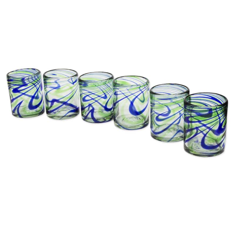 NOVICA Artisan Handblown Rocks Glasses Blue Green Mexican Recycled Tumbler 'Elegant Energy'(Set of 6) - 3.1