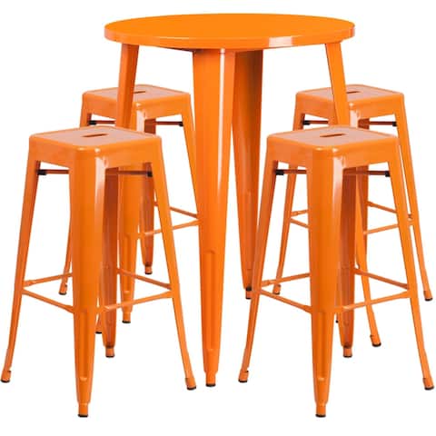 Offex 30" Round Orange Metal Bar Table Set W/ 4 Square Backless Stools - 30"W x 30"D x 41"H
