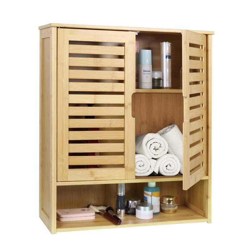 Double Door Wall Cabinet Bathroom Storage Shelf Bamboo