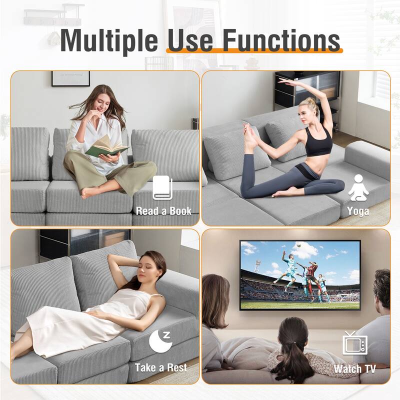 108" Corduroy Upholstered Modular Oversized 3-Seater Convertible Comfy Compressed Sofa