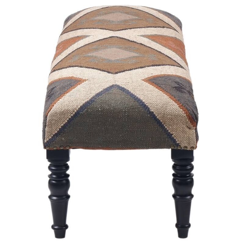 Handmade Kilim Upholstered Wooden Bench (India) - 48" W x 16" L x 18" H
