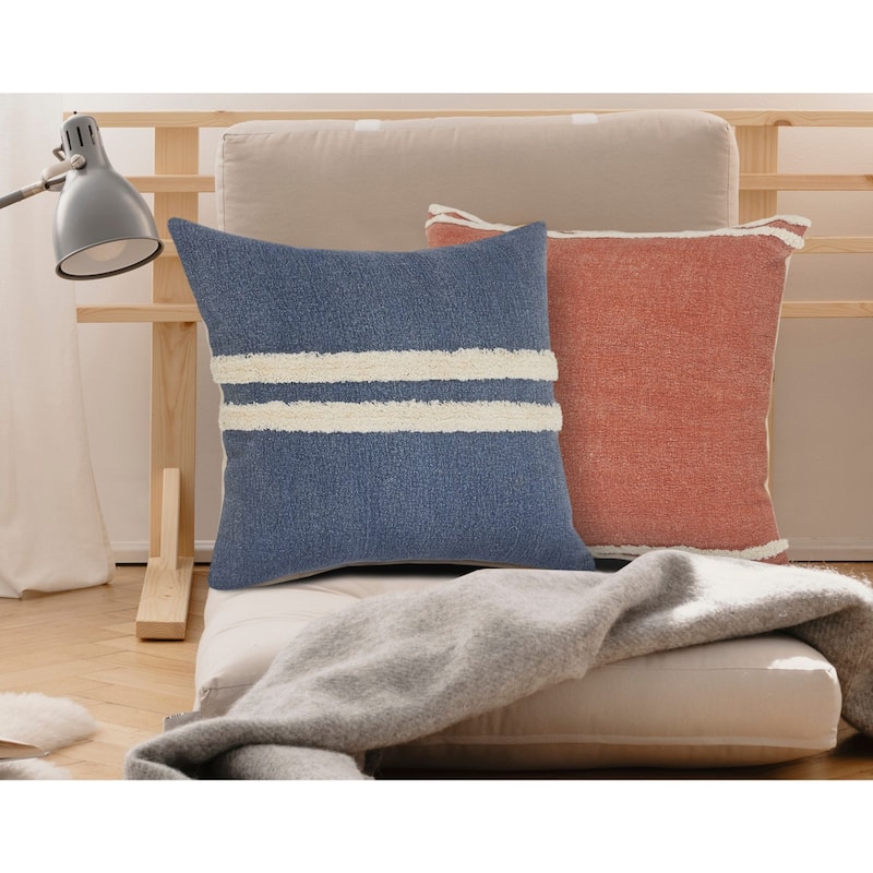 20" Blue and White Double Center Striped Square Throw Pillow