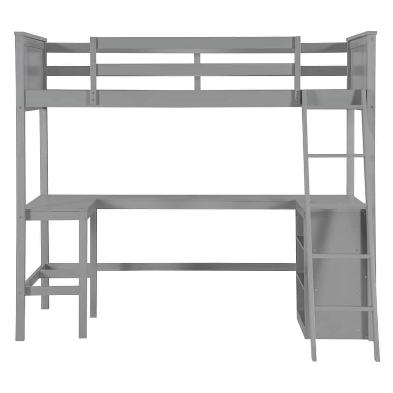 Wooden Twin Loft Bed with Desk, Shelves and Guardrails, Space Saving Design for Kids and Teens