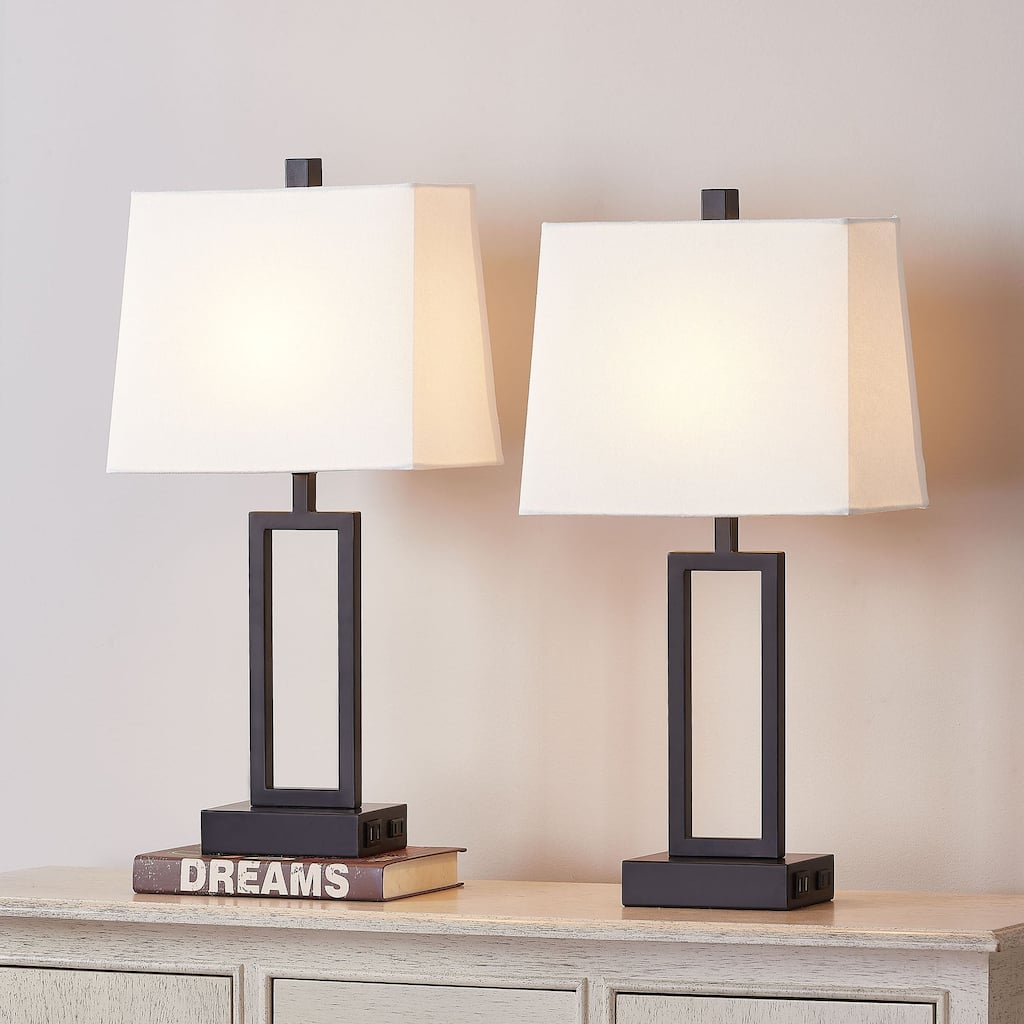 Set of 2 Black Touch Control Table Lamps with White Rectangular Shades, USB Ports & AC Outlet