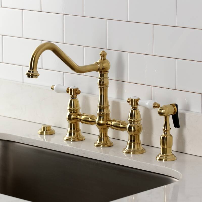 Kingston Brass Bel-Air Two-Handle 4-Hole Deck Mount Bridge Kitchen Faucet with Brass Side Sprayer