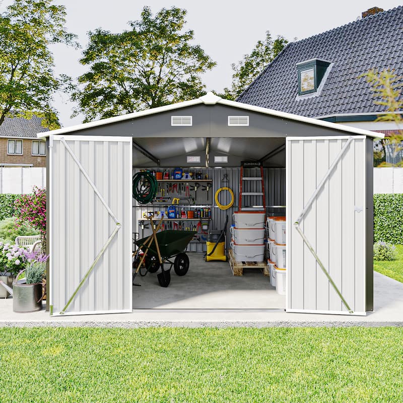 10X14 FT Outdoor Storage Shed with 3 Lockable Doors, 4 Vents