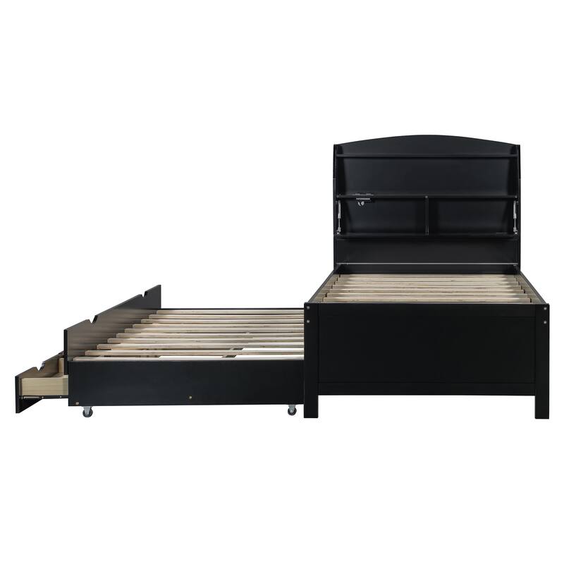 Wooden Platform Bed with Pull Out Trundle Bed and Drawers, All-in-One LED Headboard with Charging Station and Flip Up Storage