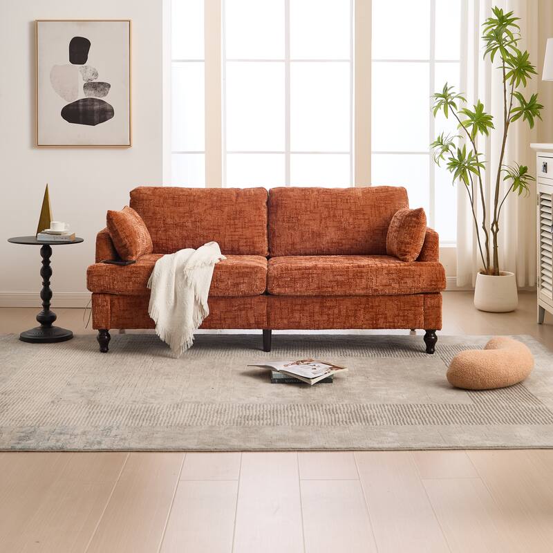 Modern Style Chenille 2-Seater Wood-Legged Sofa With Led Light, Usb Charging Port And Storage Bag Living Room Bedroom Study Room