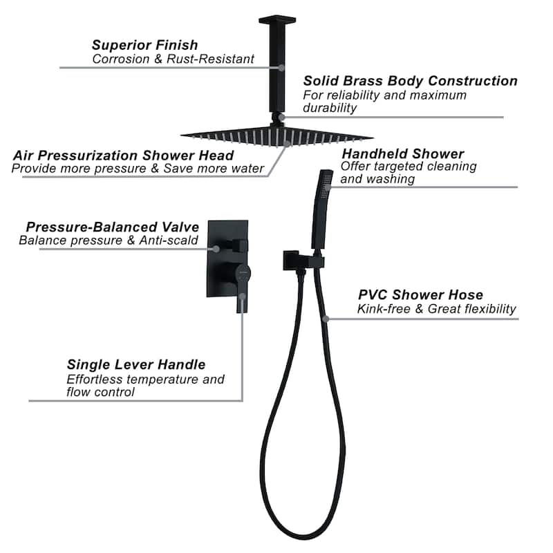 Clihome 12 Inch Ceiling Mounted Rain Shower System