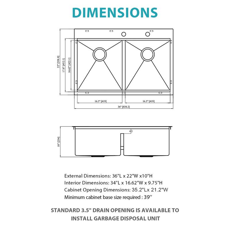 Drop in Double Bowl (50/50) Kitchen Sink 16 Gauge with Two 10" Deep Basin