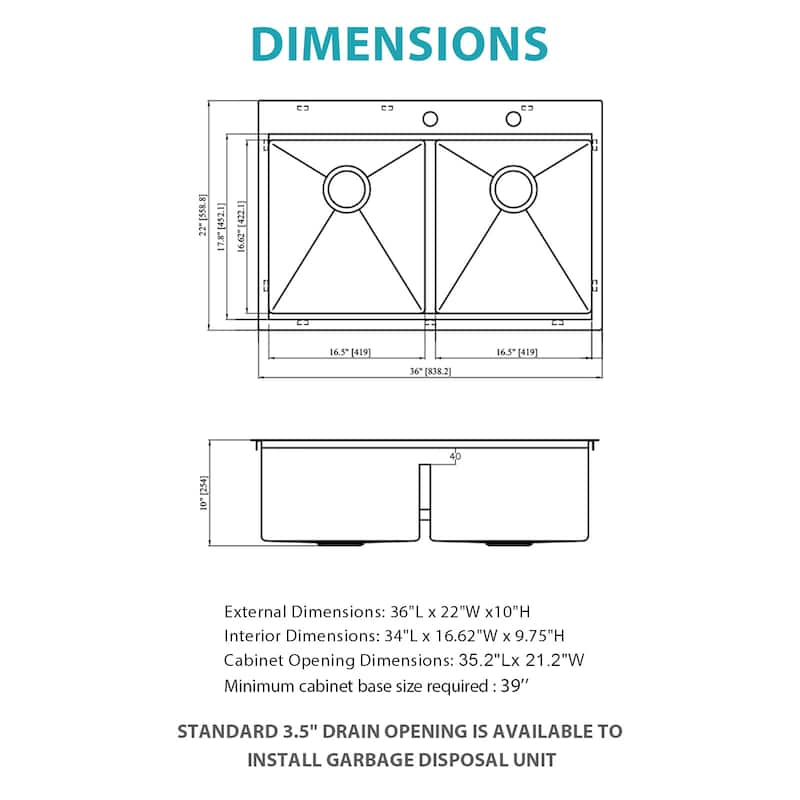 Topmount Drop in Kitchen Sink 36x22x10" Double Bowl Kitchen Sink 16 Gauge with 2 10" Deep Basin, Brushed Nickel