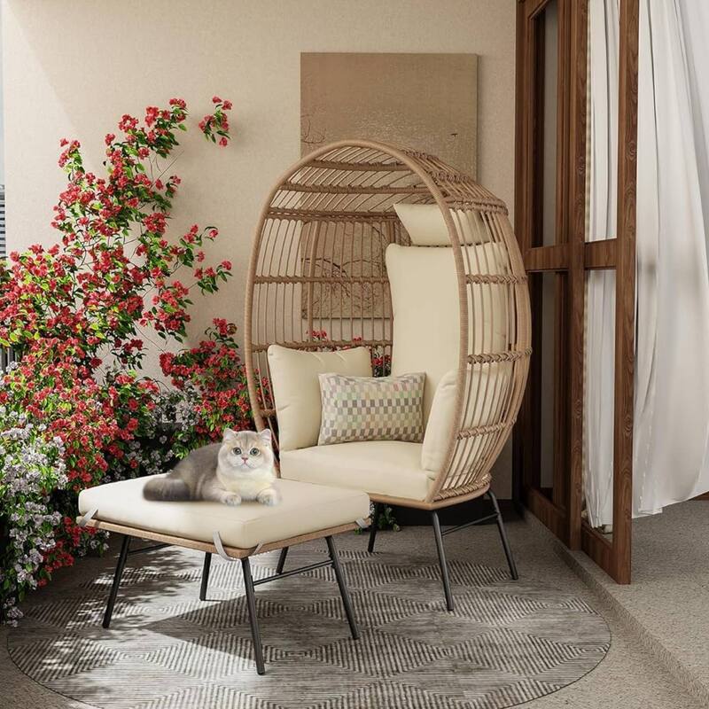 Rattan Wicker Egg Chair with Ottoman with Cushion for Balcony, Porch, Backyard