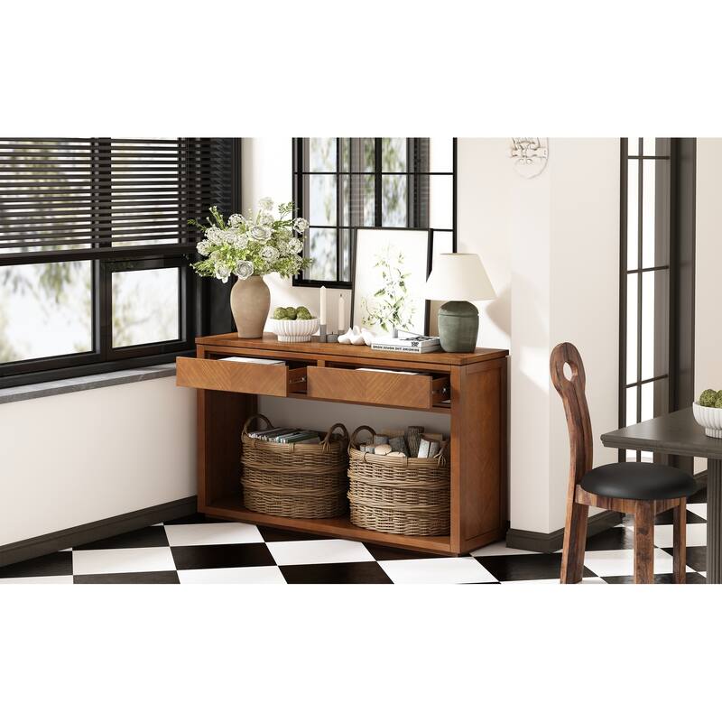 Rustic Wooden Console Table with Drawers and Shelf