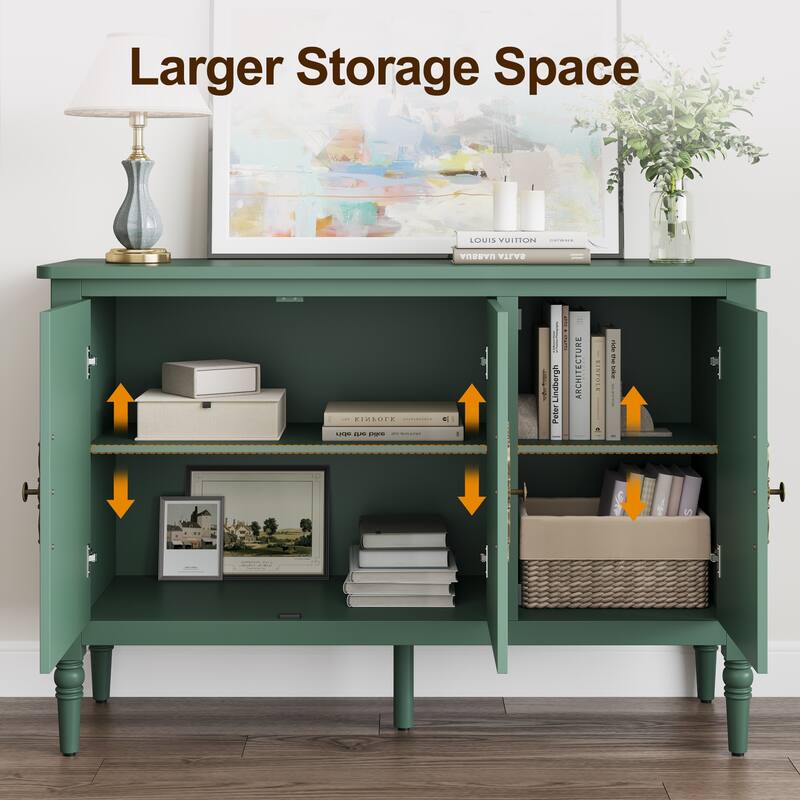 Green 3-Door Storage Cabinet with Adjustable Shelves and Turned Legs