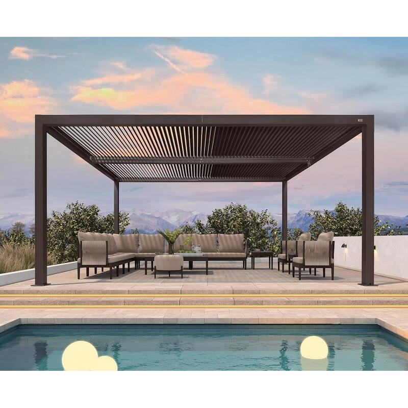 PURPLE LEAF Bronze Louvered Pergola with Adjustable Roof for Deck Backyard Garden Hardtop Gazebo - 12' x 16' - Bronze