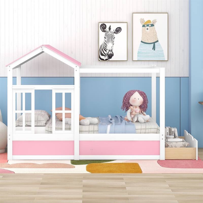 Merax House Bed with Roof, Window and Drawer