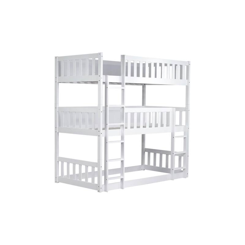 Triple Rubber Wood Bunk Bed, Twin over Twin over Twin, White with Ladders and Guardrails