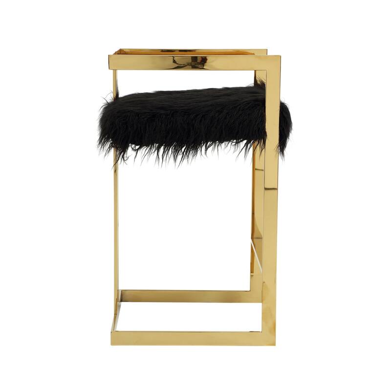 Suki 30 Inch Barstool Chair, Black Faux Fur Seat, Gold Cantilever Base