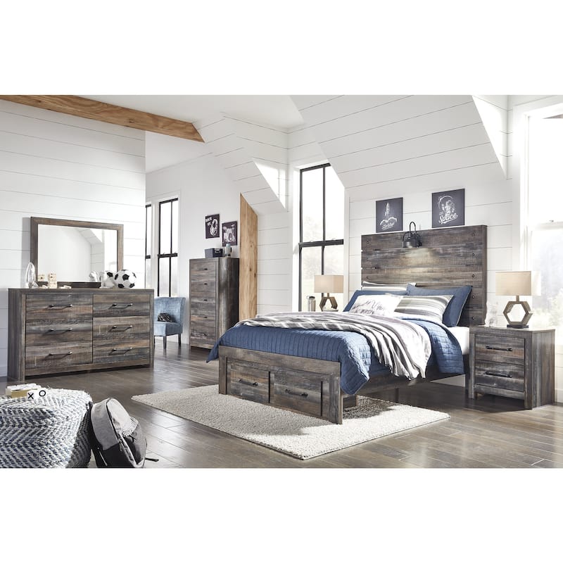 Drystan Rustic Brown Panel Bed with Footboard Storage Drawers