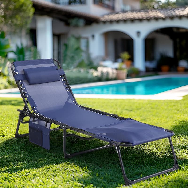 Outdoor Lounge Chairs Set of 2, Teslin Folding Tanning Chair with 5-Position Reclining Back